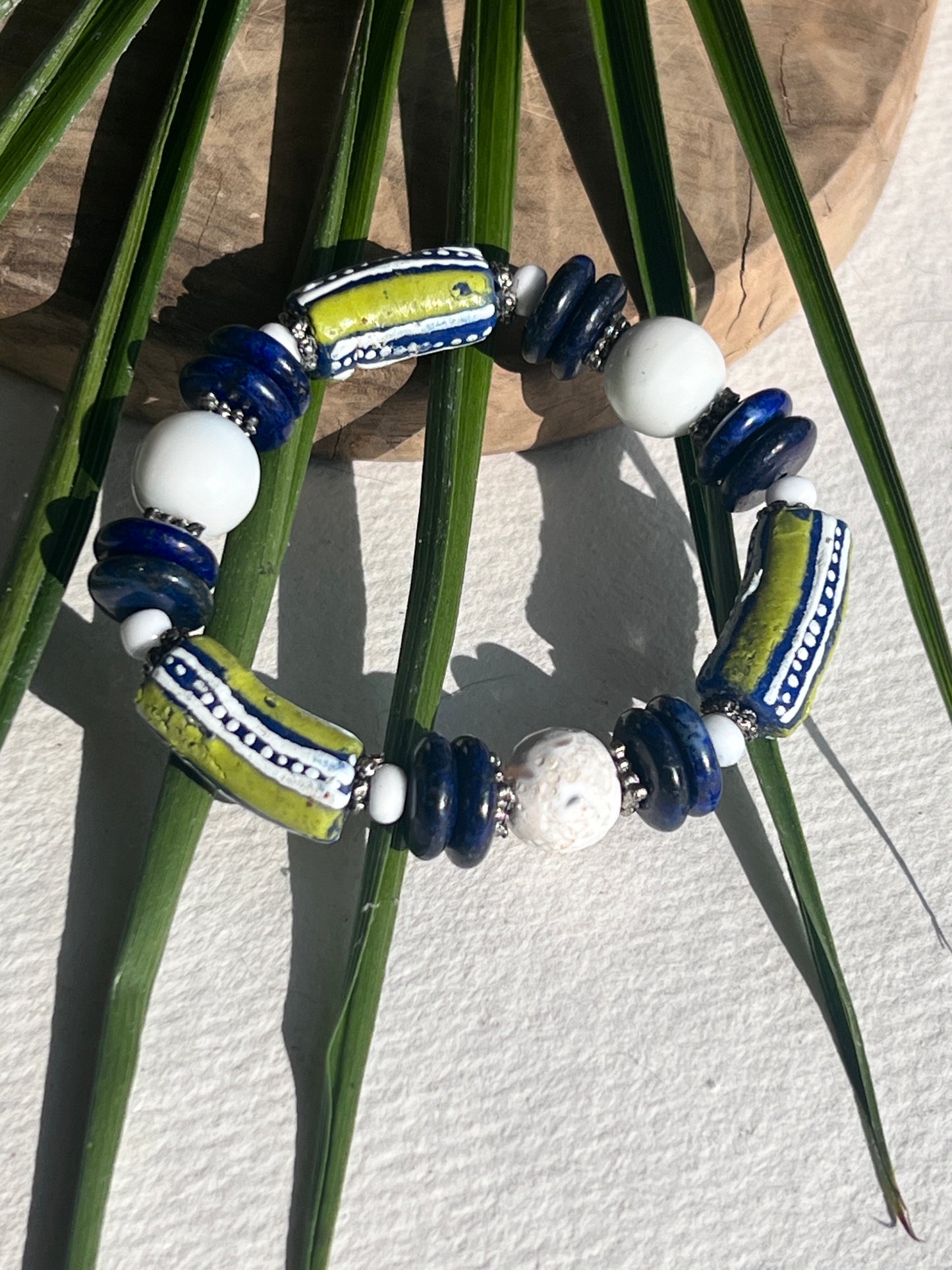 Moho Bracelet. Hand-painted recycled glass beads, Lapis Lazuli, White Agate