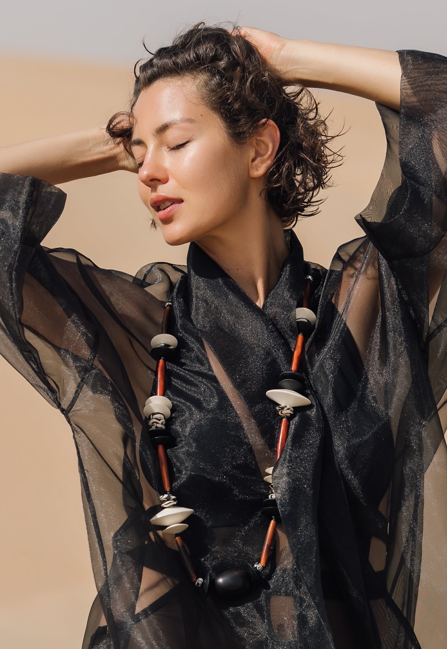 Tiana Long Necklace. Wood, Buffalo Horn, Batik Bone Beads