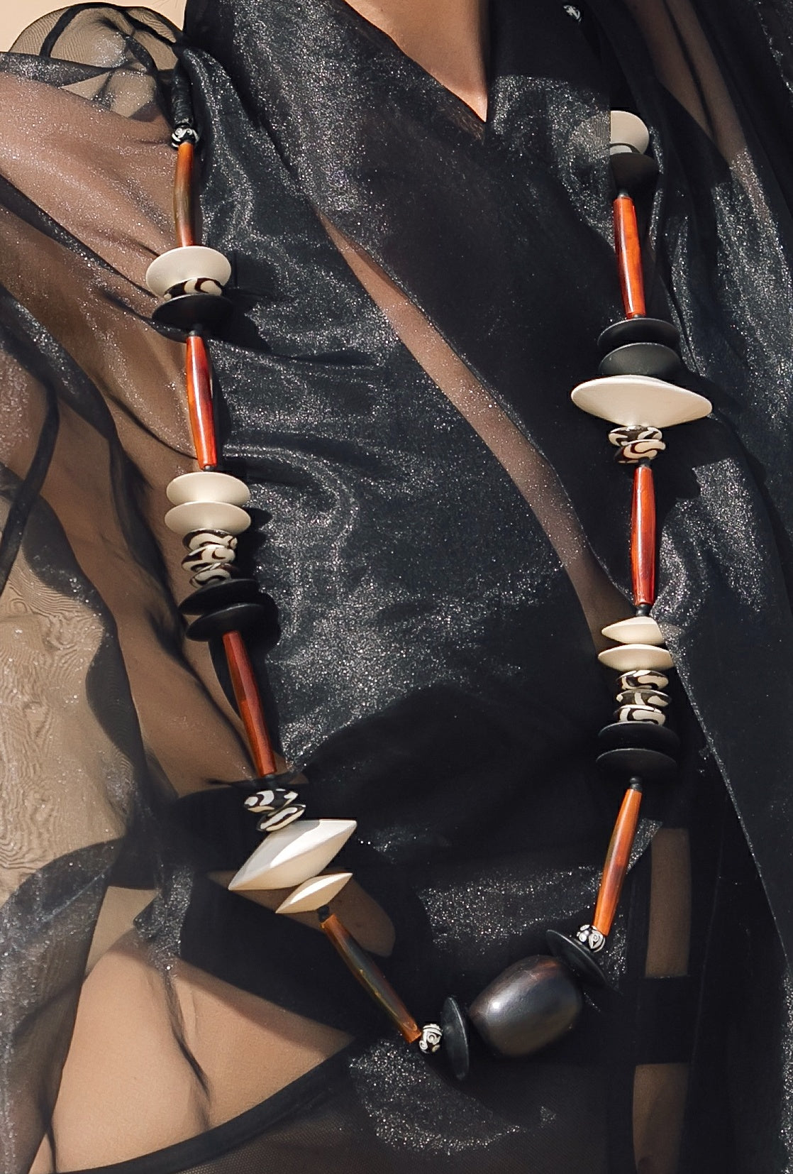 Tiana Long Necklace. Wood, Buffalo Horn, Batik Bone Beads