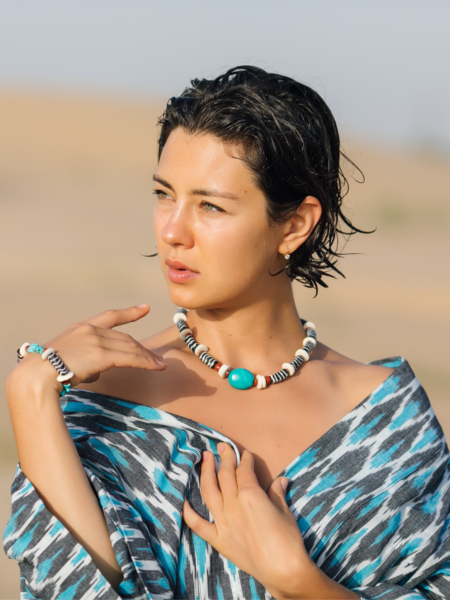 Aomi Necklace. Hand Painted Recycled glass beads, Howlite.