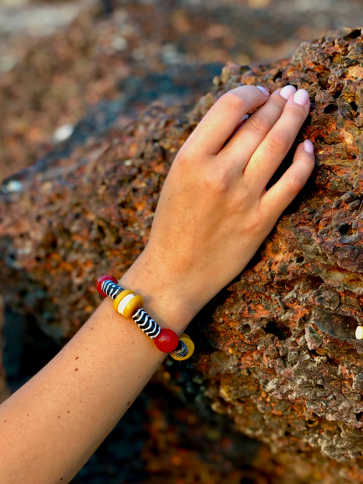 Obi Bracelet. Cornelian, Hand Painted Recycled Glass Beads