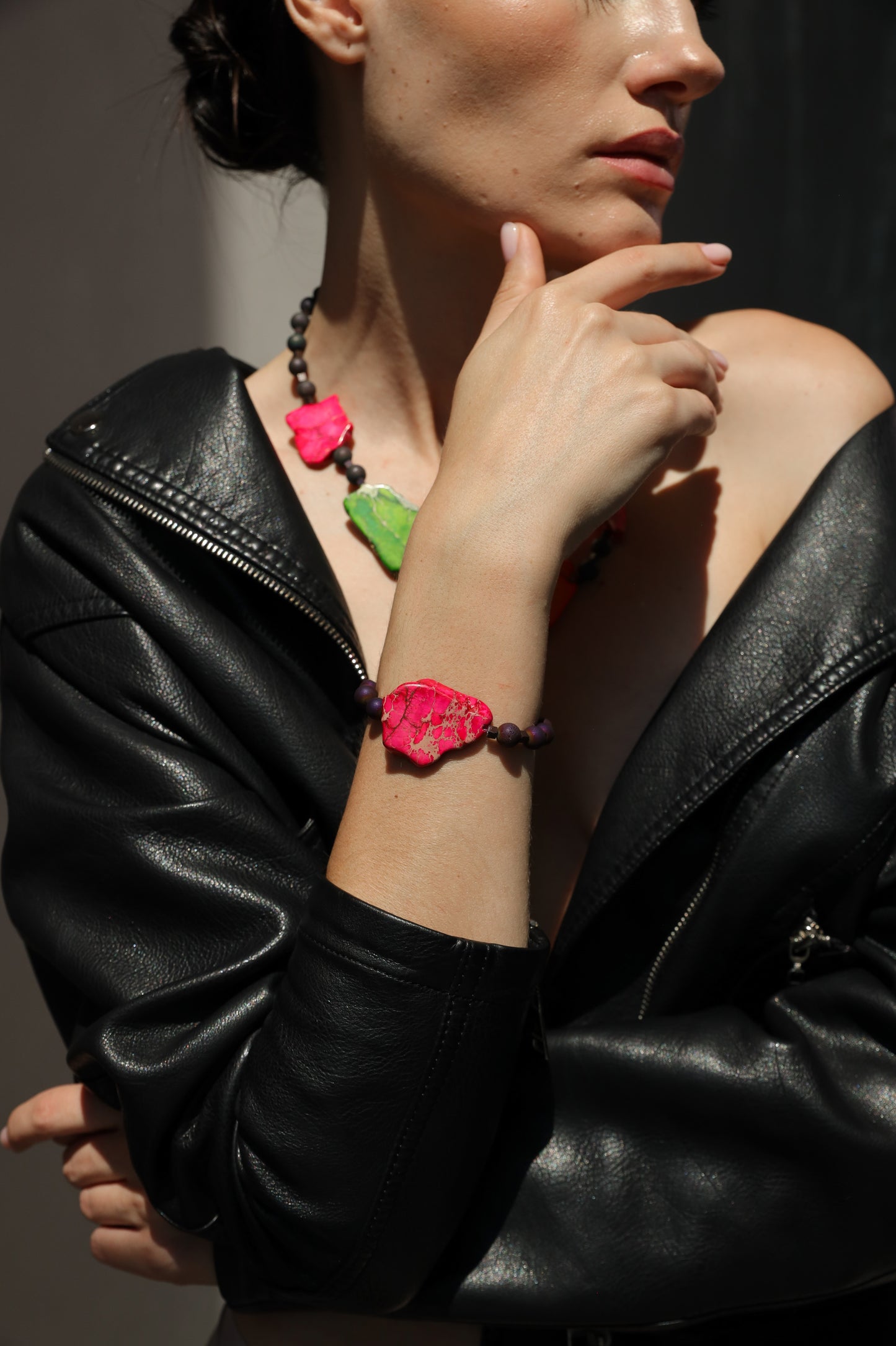 Qiani Necklace: A Limited Edition Gem. Sea sediment Jasper, Anodizes Pyrite.