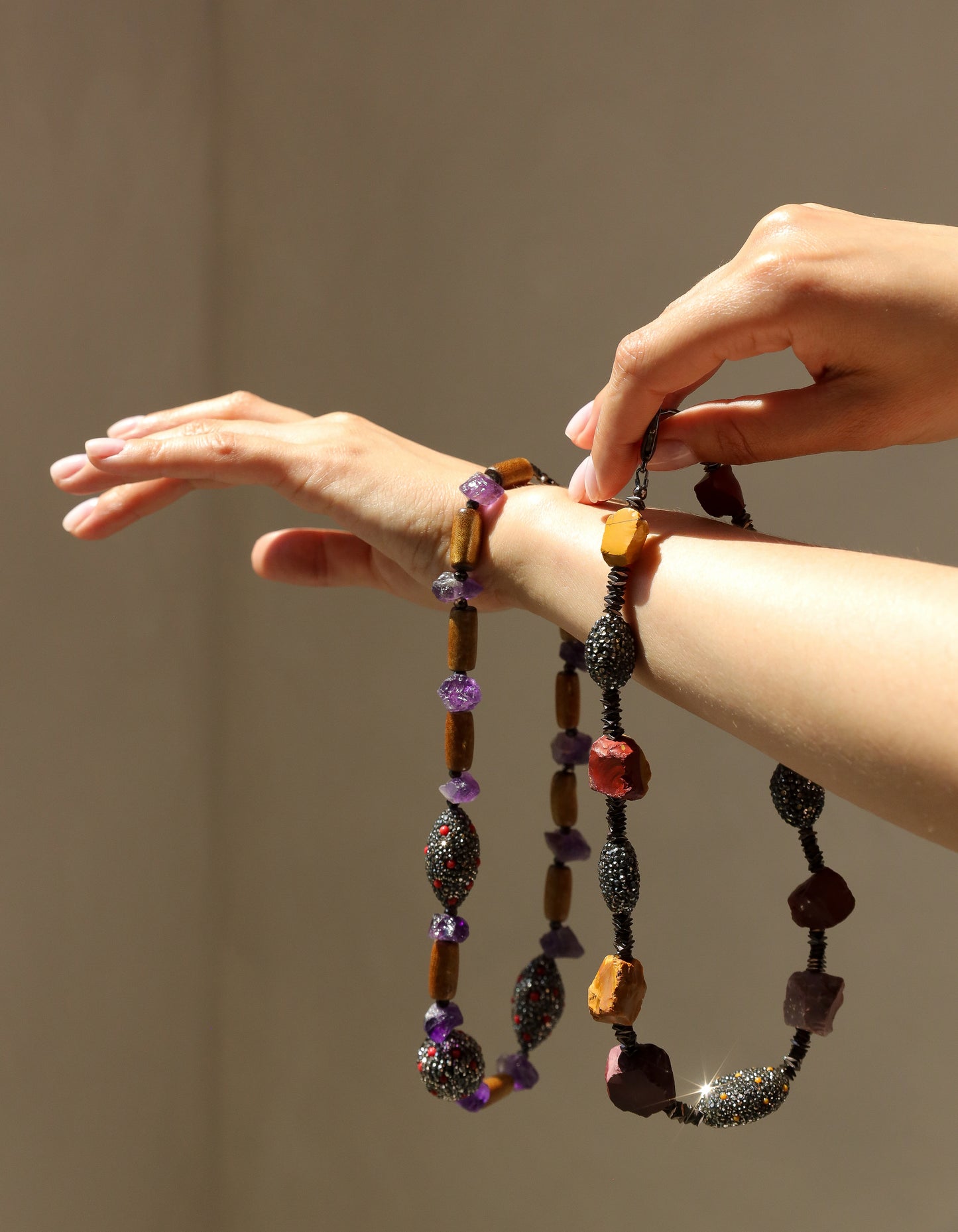 Taita Necklace. Vintage natural gold coral, handmade rhinestone beads,raw amethyst