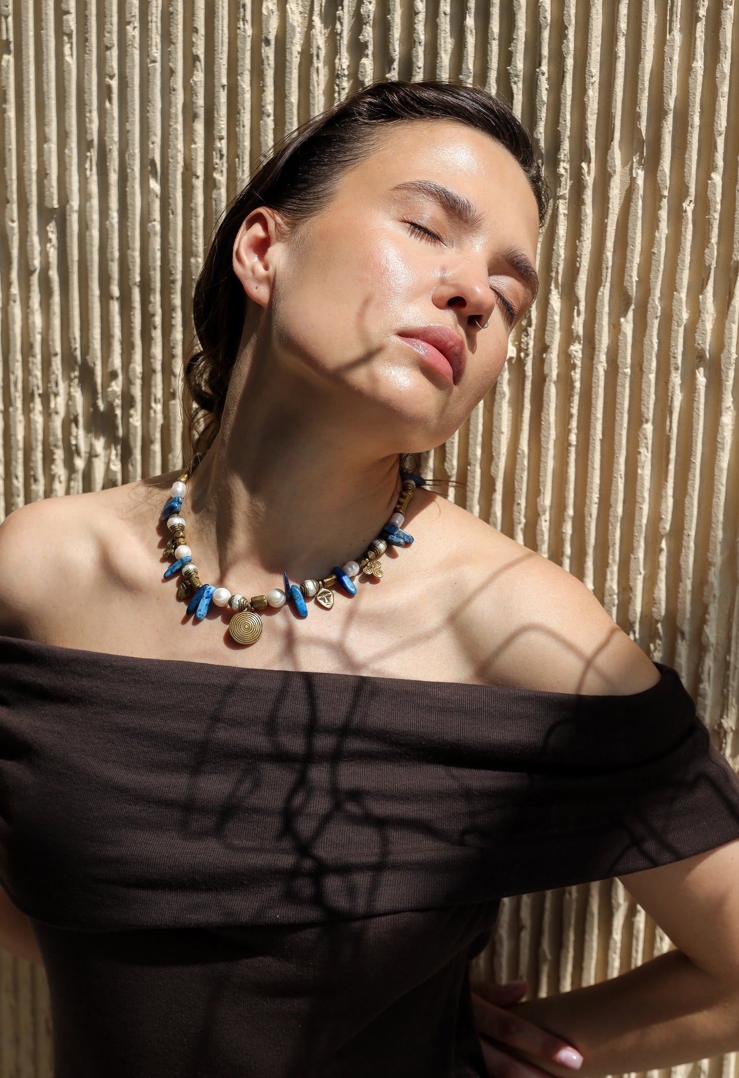 Olivie Necklace. African Brass, Keishi Pearls, Lapis Lazuli.