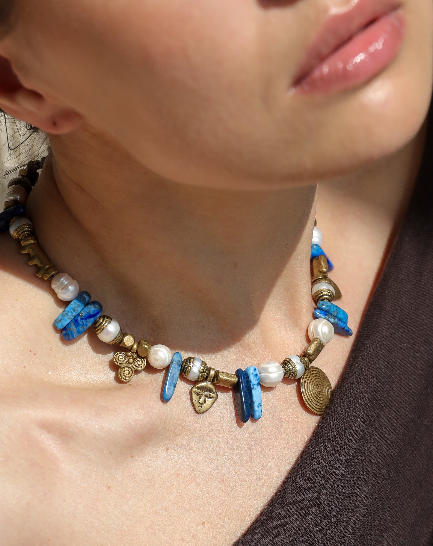 Olivie Necklace. African Brass, Keishi Pearls, Lapis Lazuli.