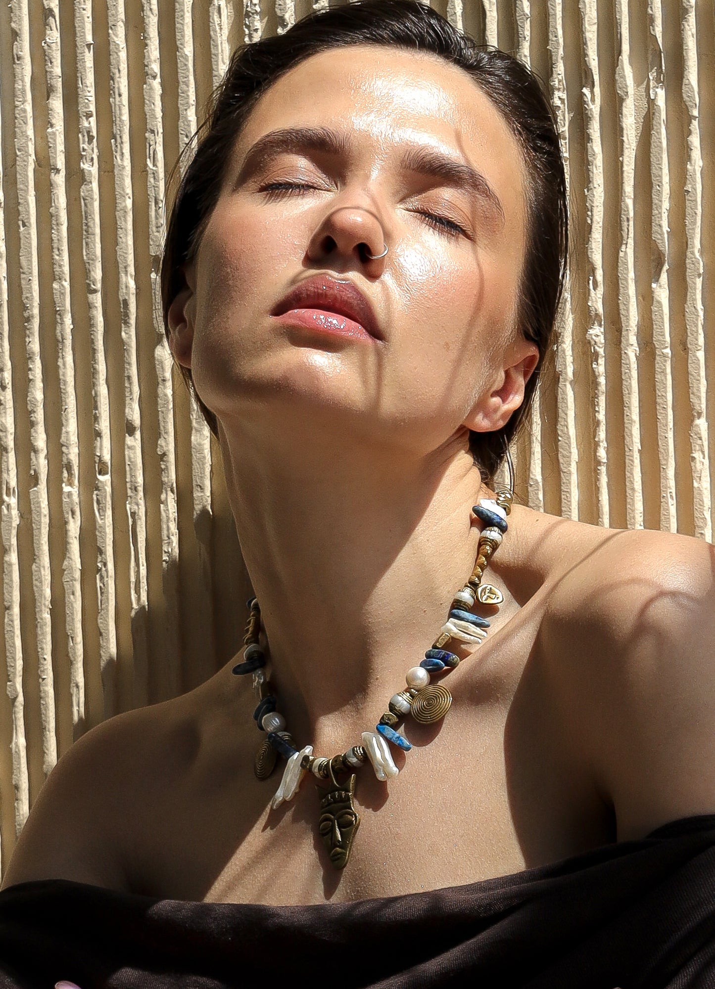 Olivie Necklace with Pendant. African Brass, Keishi Pearls, Lapis Lazuli.