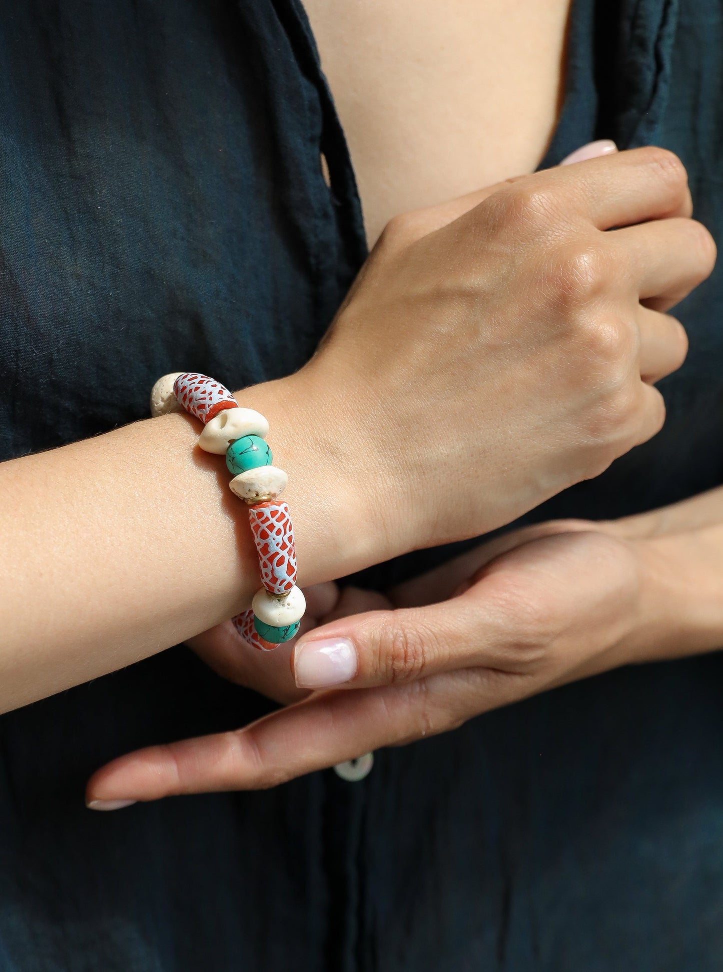 Zuri Bracelet.Hand-painted recycled glass beads, Howlite, Sea Shell