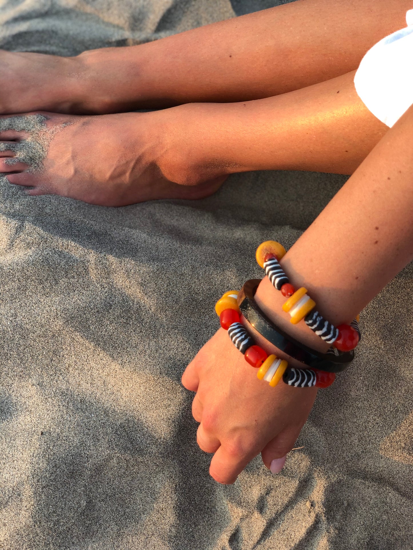 Obi Bracelet. Cornelian, Hand Painted Recycled Glass Beads