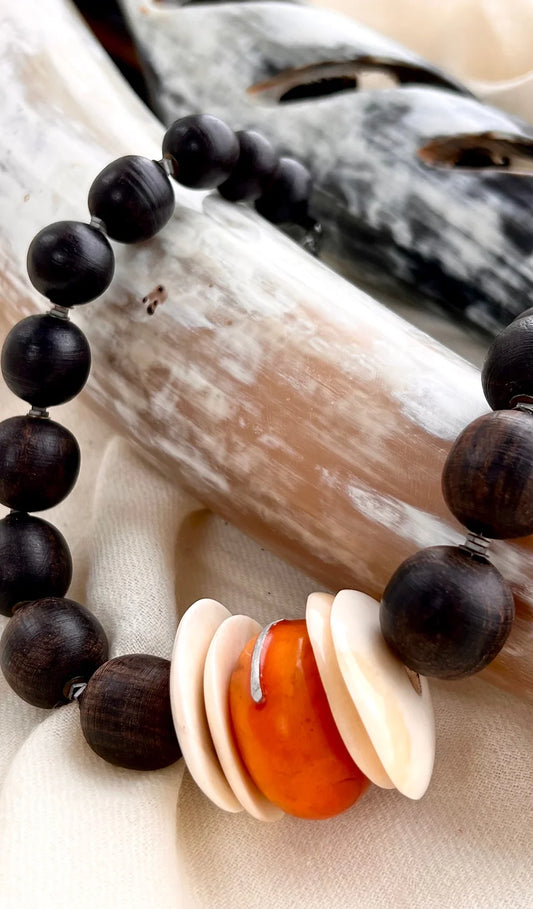 Adisa Statement Necklace. Ebony Wood, Moroccan "Amber" , Buffalo Bone Plates.