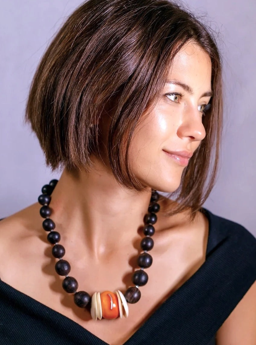 Adisa Statement Necklace. Ebony Wood, Moroccan "Amber" , Buffalo Bone Plates.