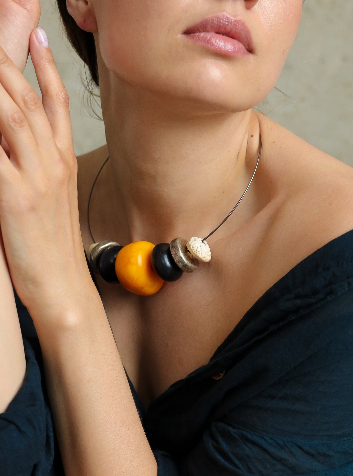 Nakya Choker. Ebony Wood, Moroccan "Amber", Vintage Sea Shells