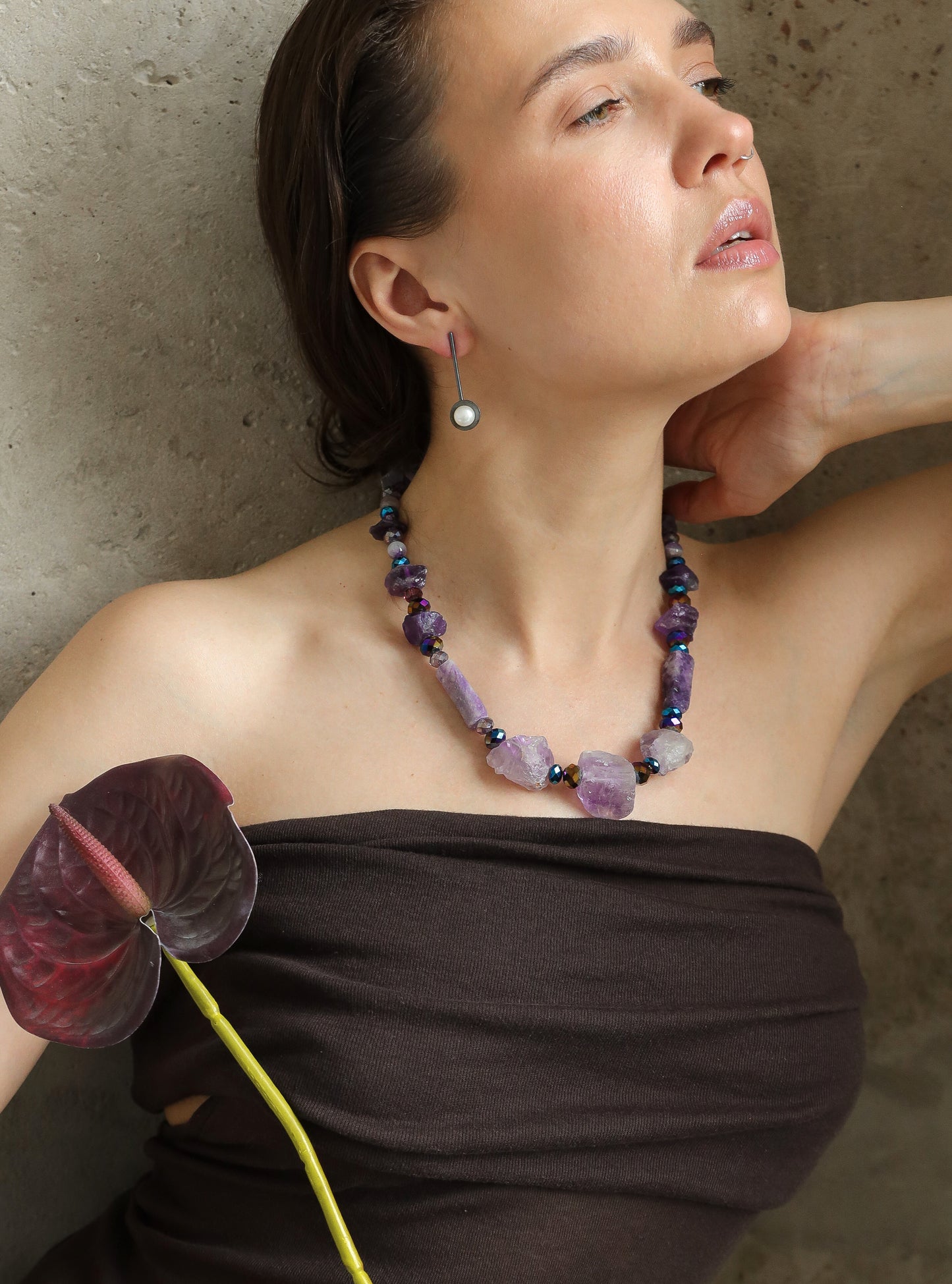 Amita Statement Necklace made with Raw Amethyst and Rhinestone