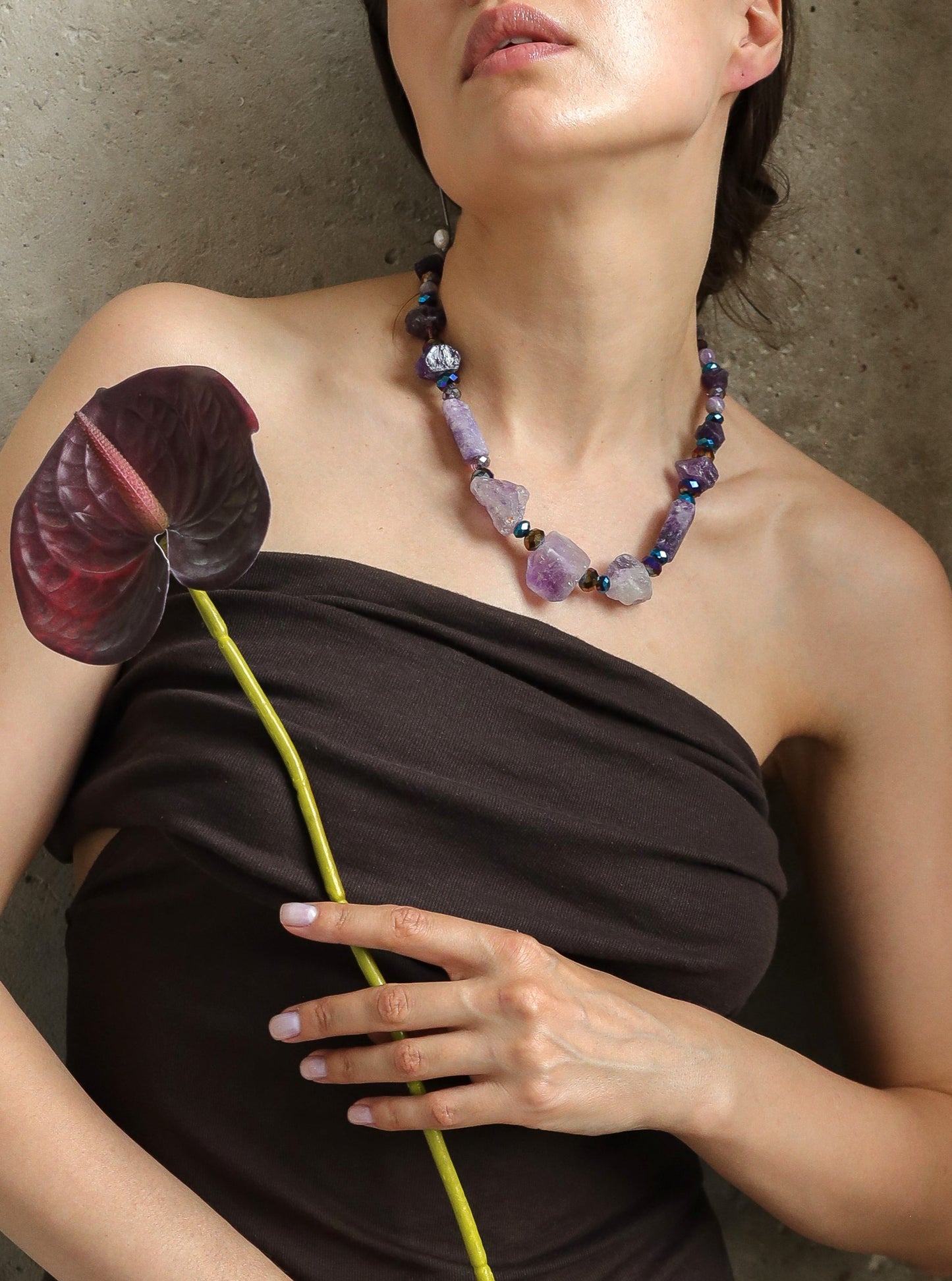 Amita Statement Necklace made with Raw Amethyst and Rhinestone