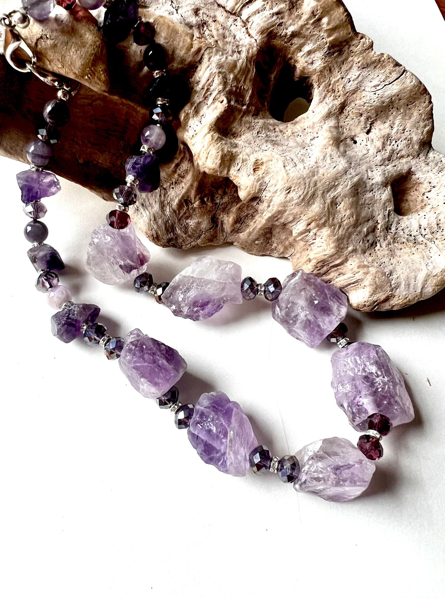 Amita Statement Necklace made with Raw Amethyst and Rhinestone