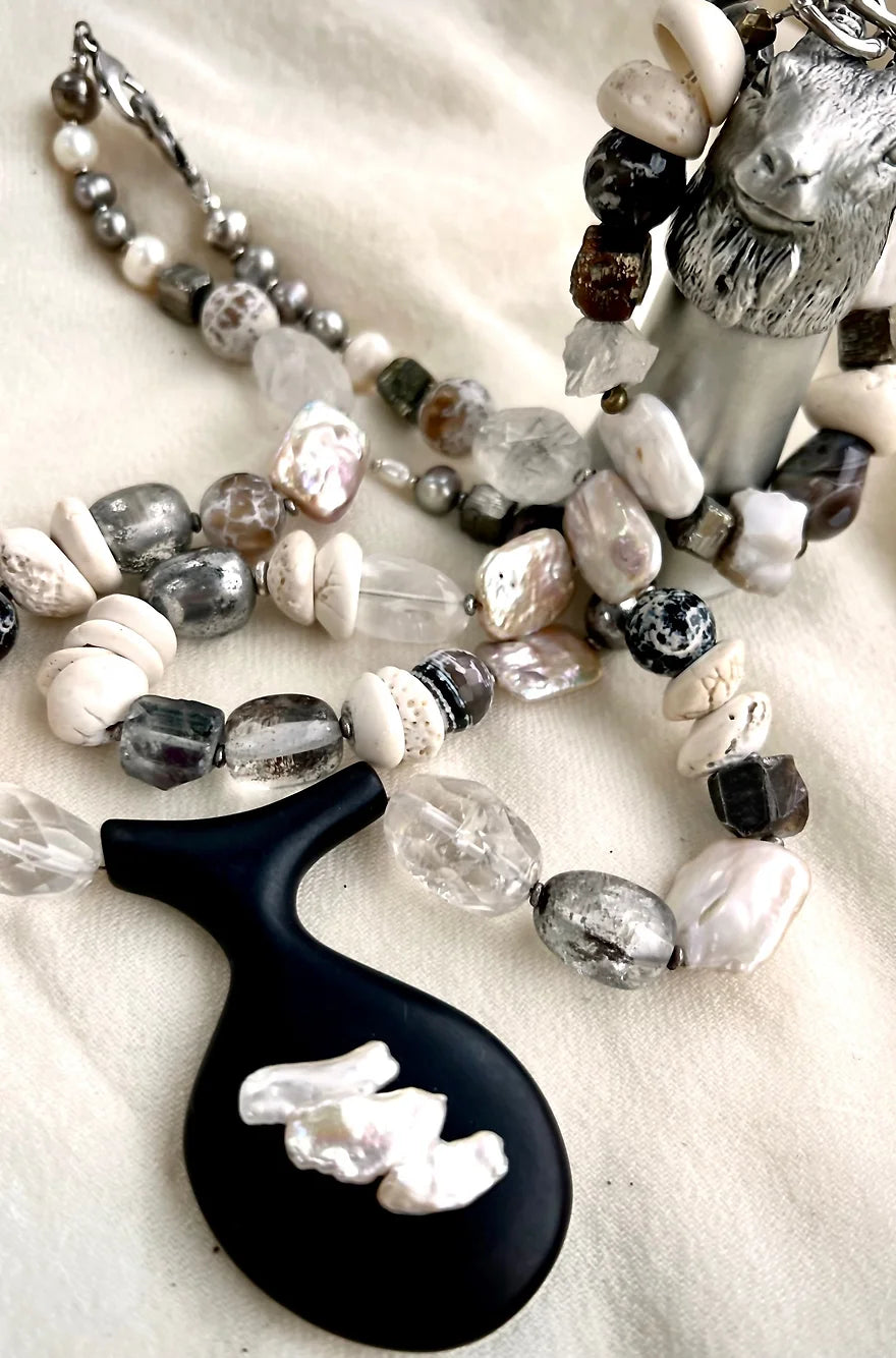 Anika Statement Necklace. Ebony Wood, Pearl, Mixed Gemstones