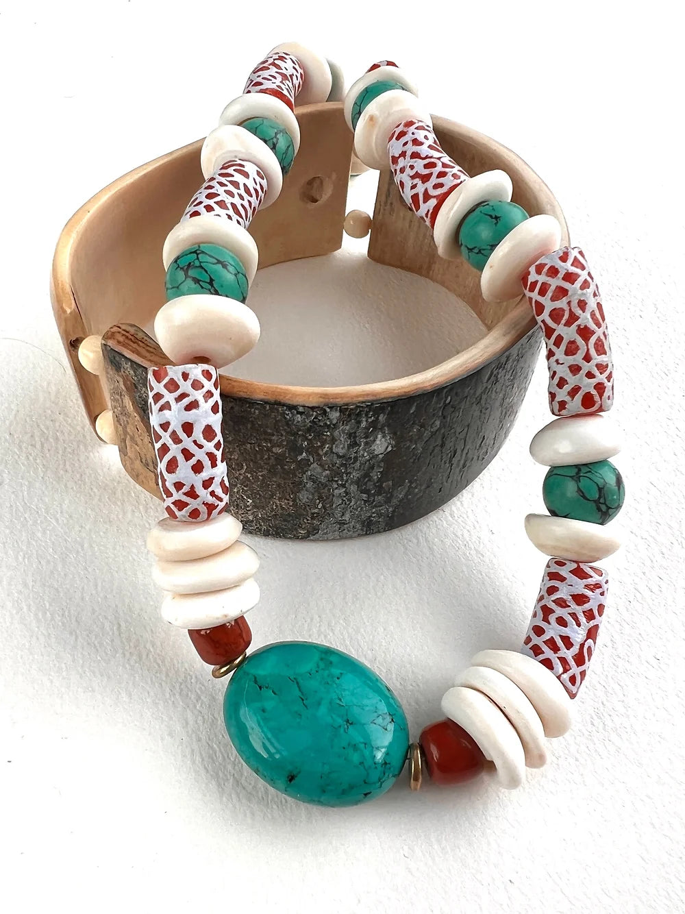 Aomi Necklace. Hand Painted Recycled glass beads, Howlite.
