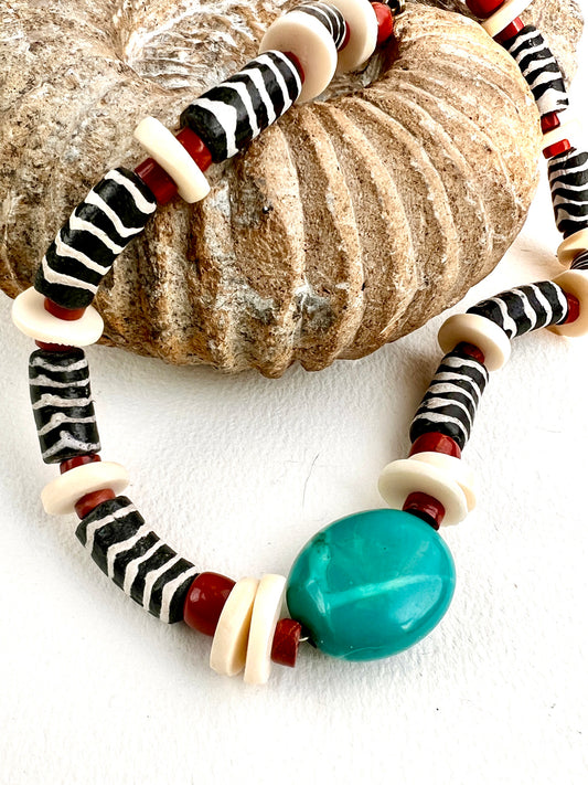 Aomi Necklace. Hand Painted Recycled glass beads, Howlite.