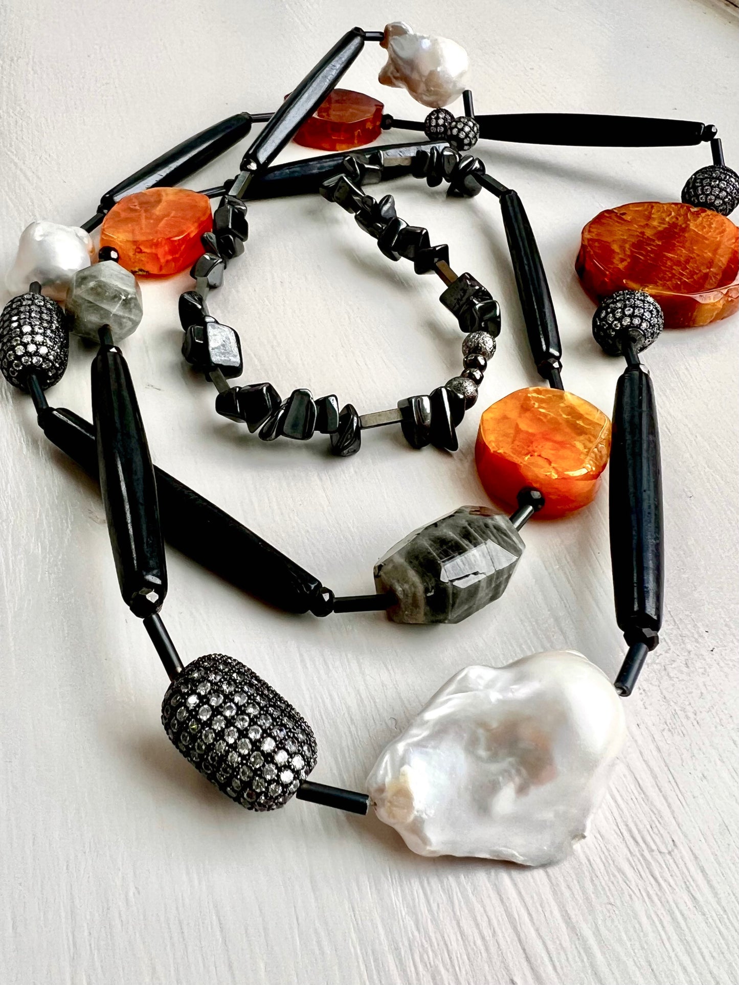 Tanko Statement Long Necklace. Baroque Pearls, Dyed Agate.