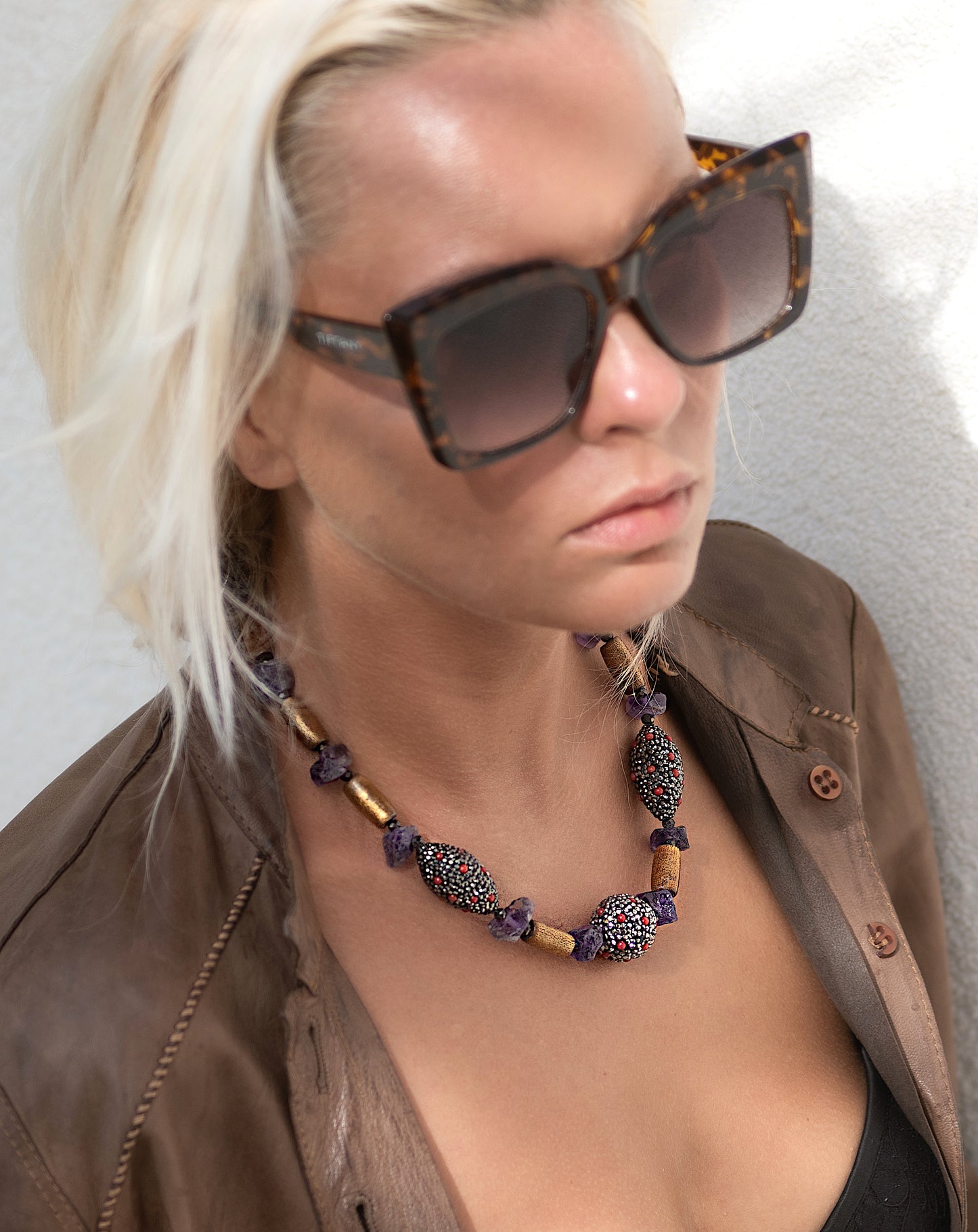 Taita Necklace. Vintage natural gold coral, handmade rhinestone beads,raw amethyst