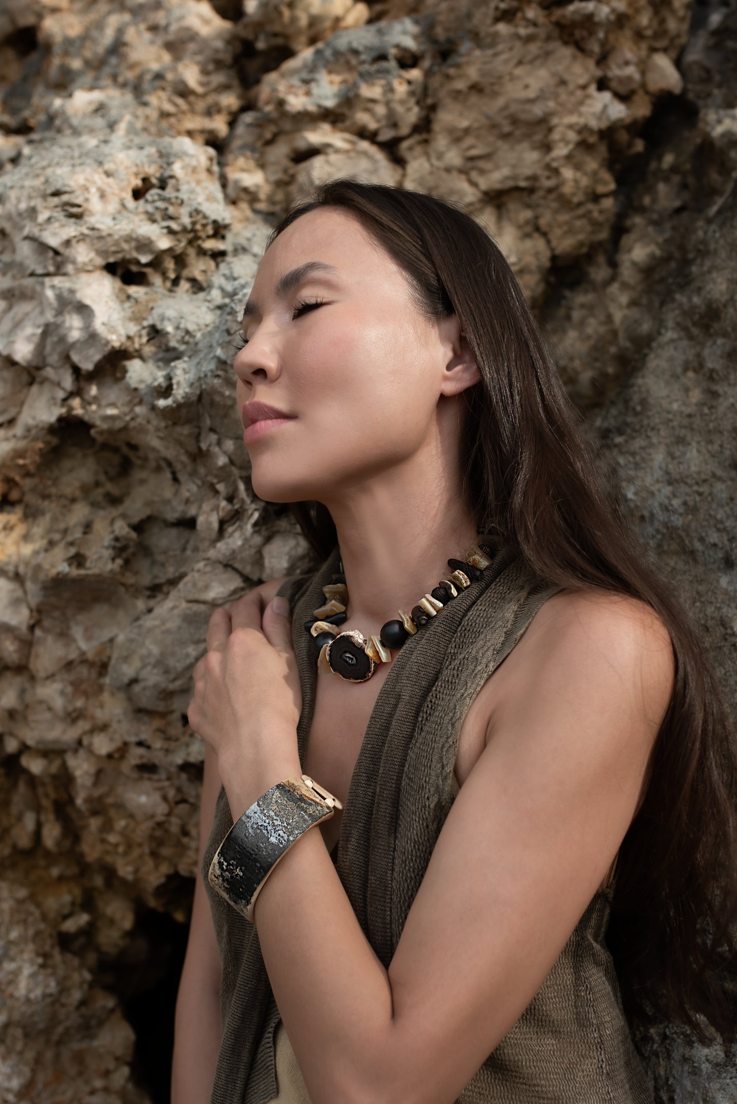 Kairu Statement Choker. Agate, Coral, Ebony Wood