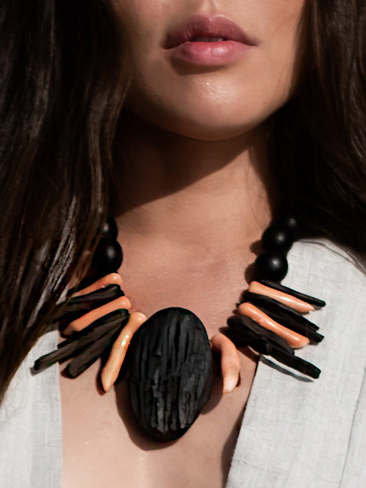 Tafui Statement Necklace. Ebony Wood, Pink Corals