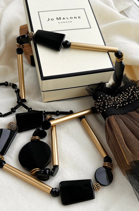 Cleo Long Necklace. Black Agate , Rhinestone