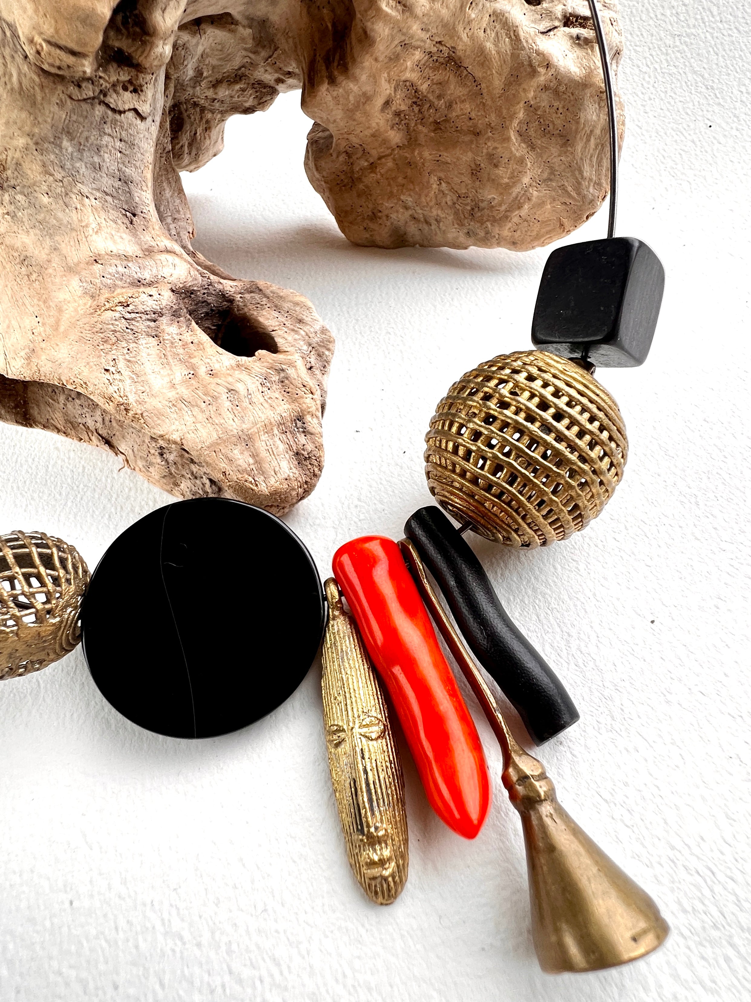 Girano Choker. African Brass, Coral, Agate, Wood.