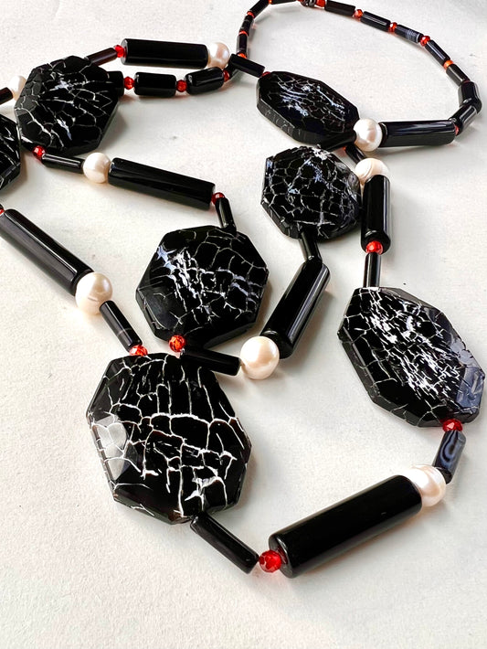 Nima Statement Long Necklace. Black agate, Buffalo horn, Pearls.