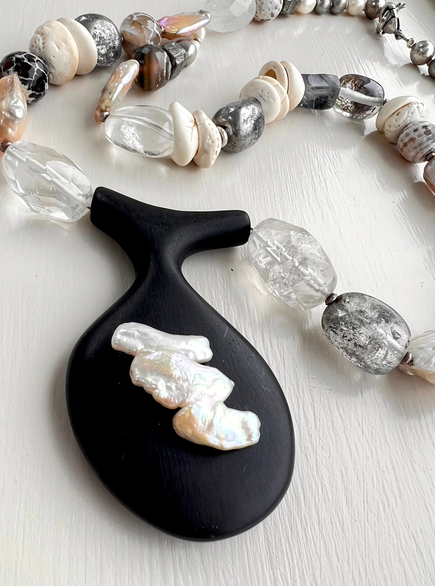 Anika Statement Necklace with ebony wood pendant and barogue pearls