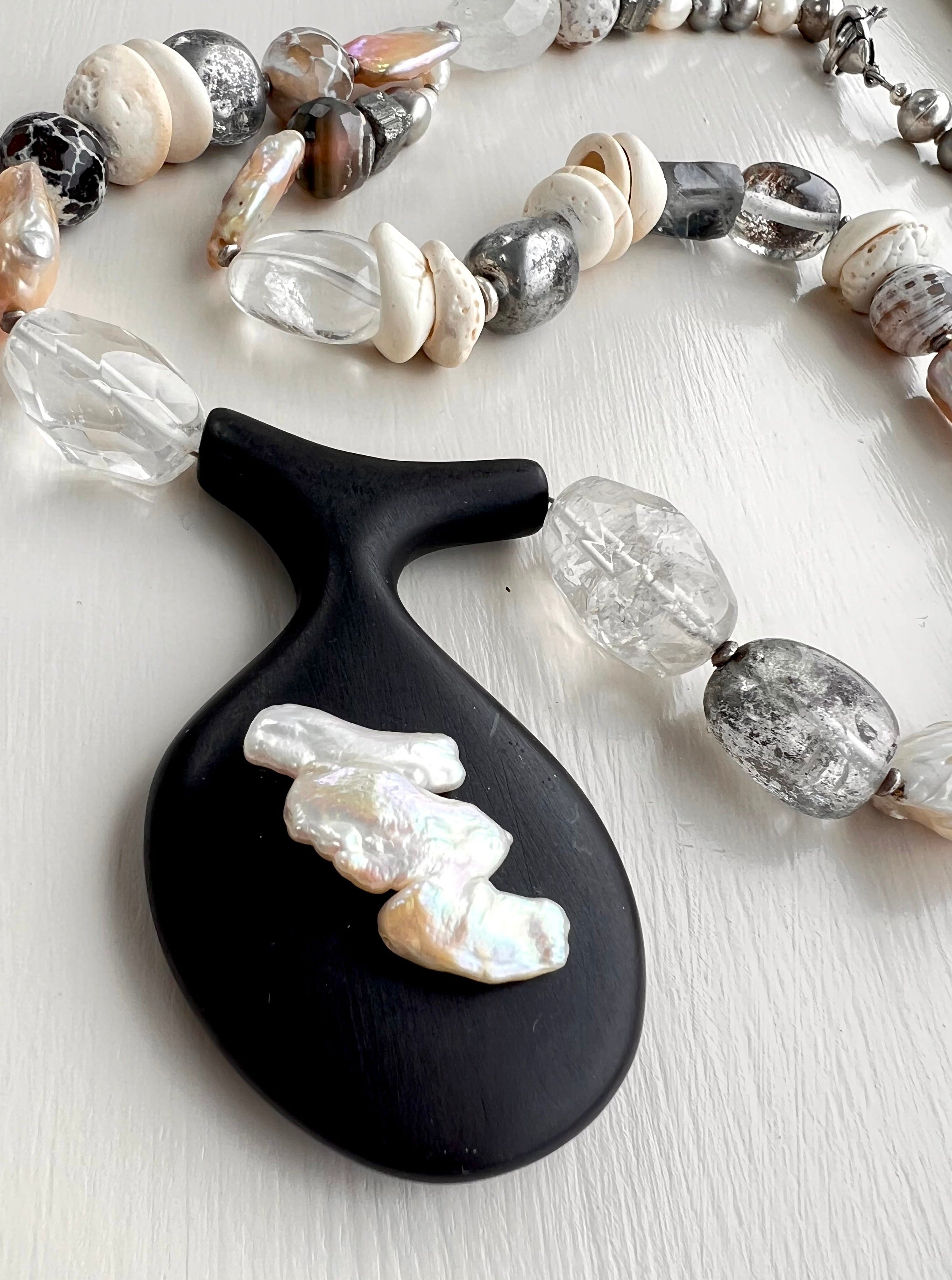 Anika Statement Necklace. Ebony Wood, Pearl, Mixed Gemstones