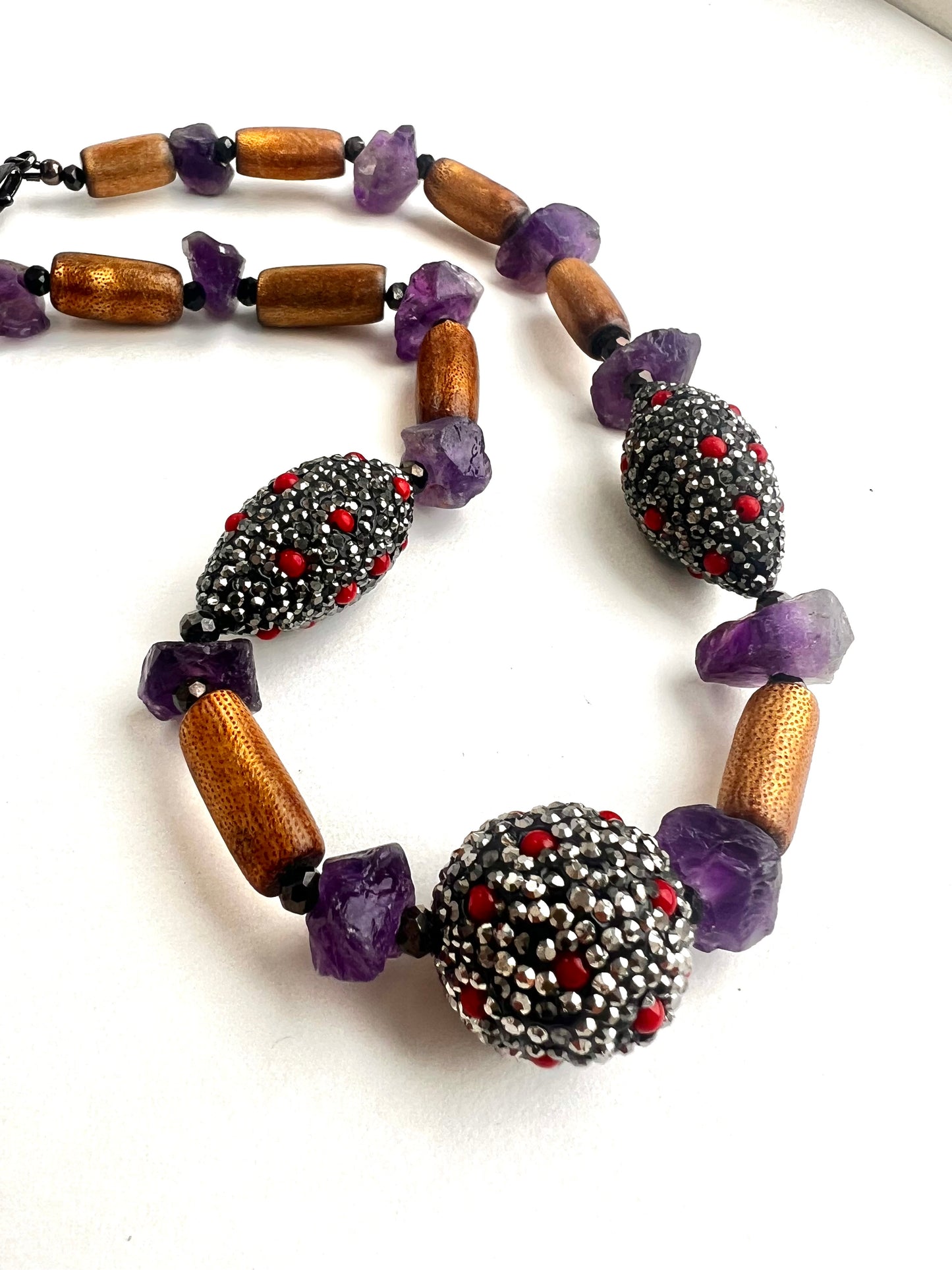 Taita Necklace. Vintage natural gold coral, handmade rhinestone beads,raw amethyst