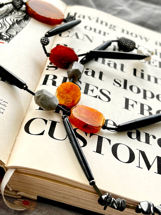 Tanko Statement Long Necklace. Baroque Pearls, Dyed Agate.