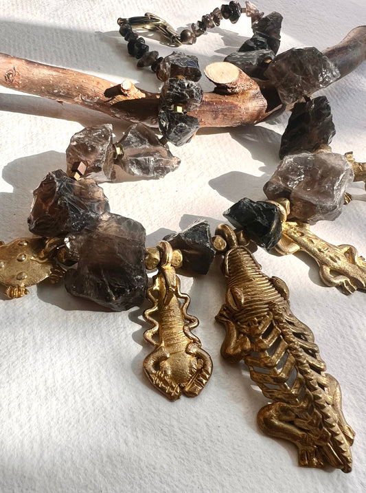 Jabari Statement Necklace. Raw Smoky Quartz or Amethyst, African Brass