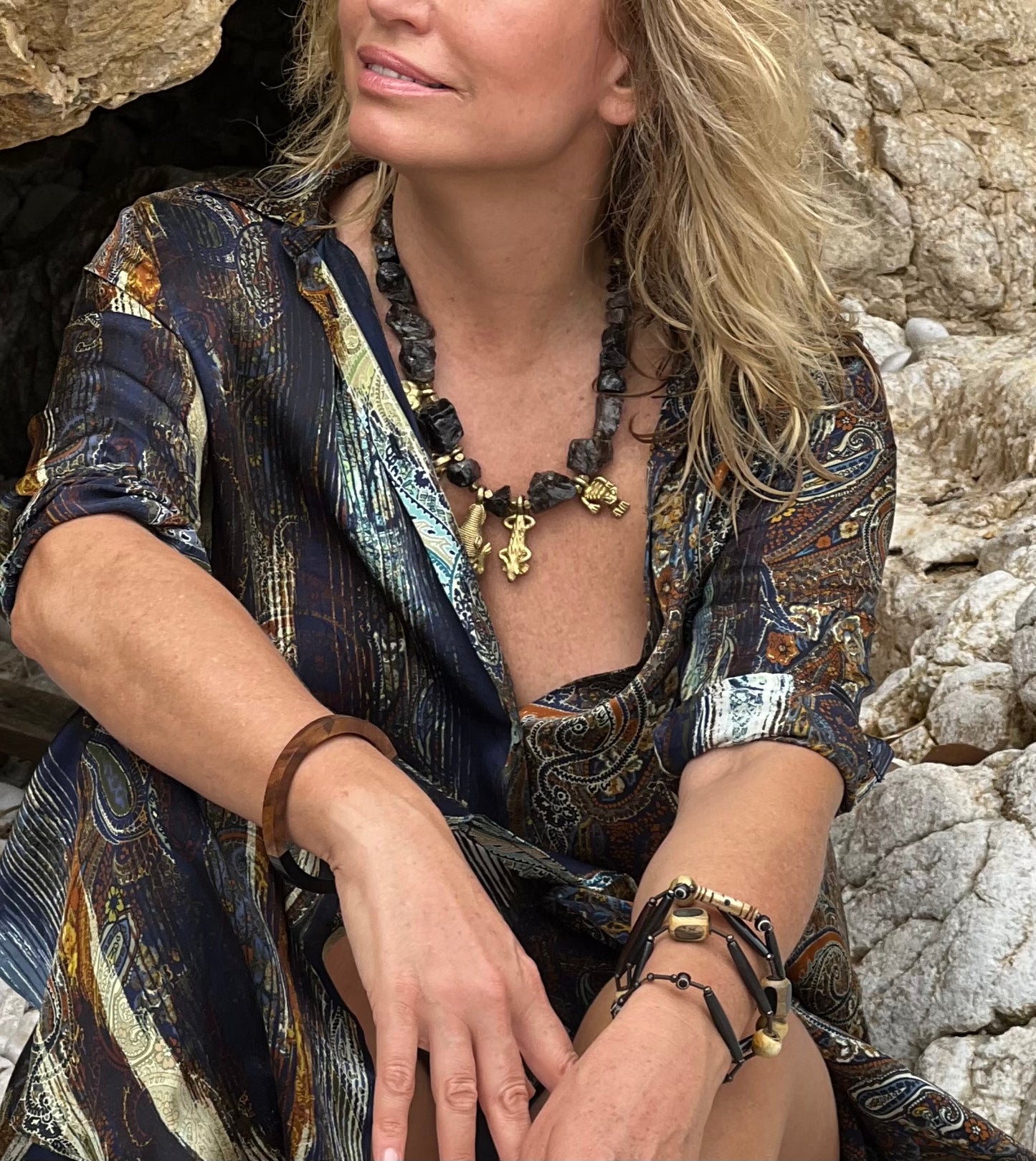 Jabari Statement Necklace. Raw Smoky Quartz or Amethyst, African Brass