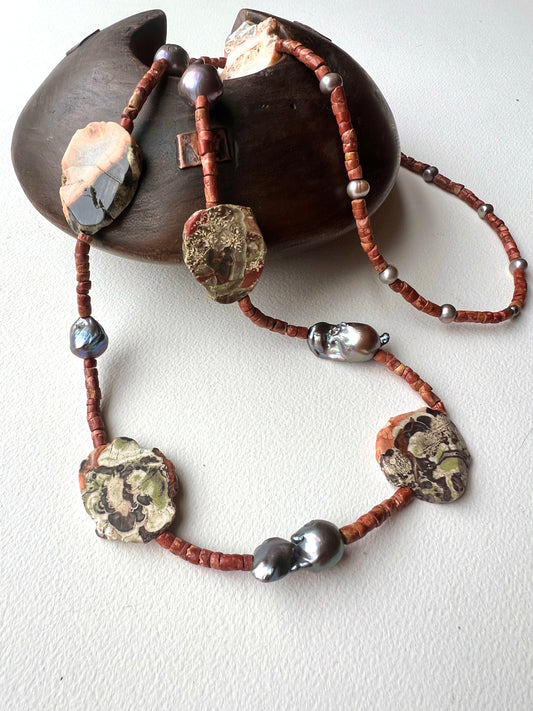 Tukka Long Necklace , Ocean Jasper, Baroque Pearls, Bauxite Beads.