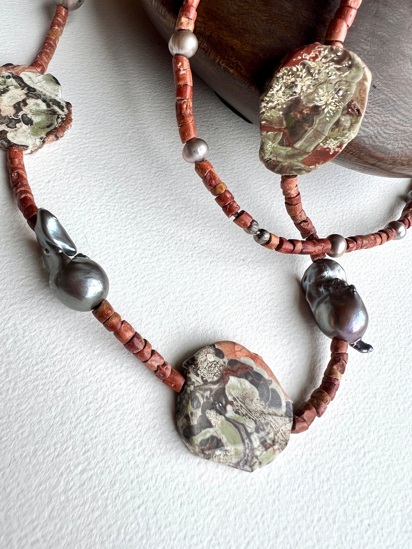Tukka Long Necklace , Ocean Jasper, Baroque Pearls, Bauxite Beads.