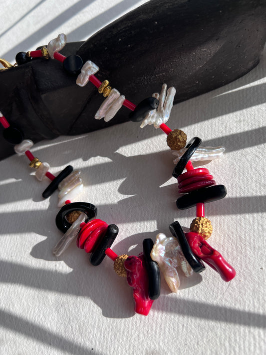 Haoran Statement Necklace with Corals and Pearls and Gold Plated Rudraksha Beads.