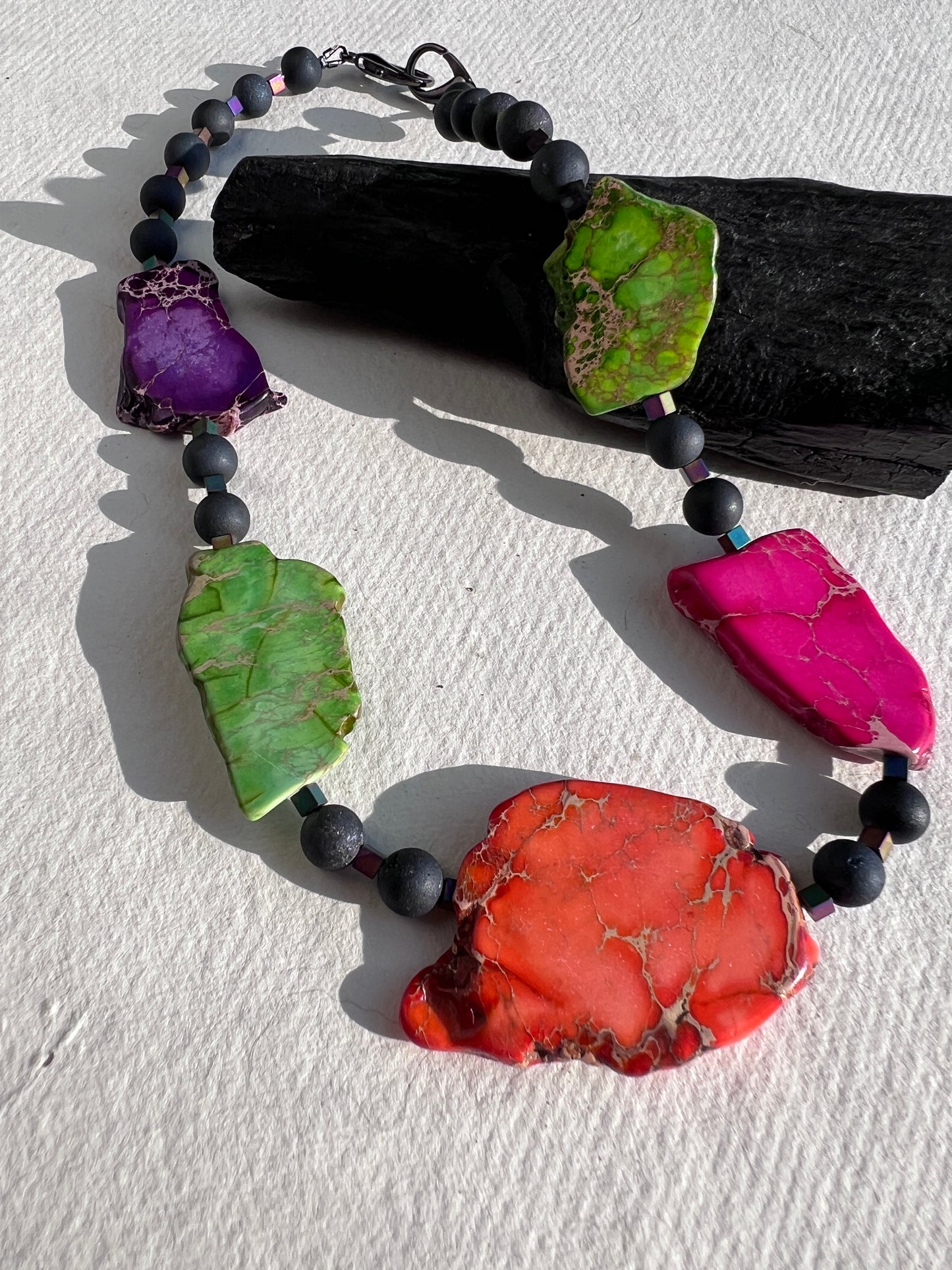 Qiani Necklace: A Limited Edition Gem. Sea sediment Jasper, Anodizes Pyrite.