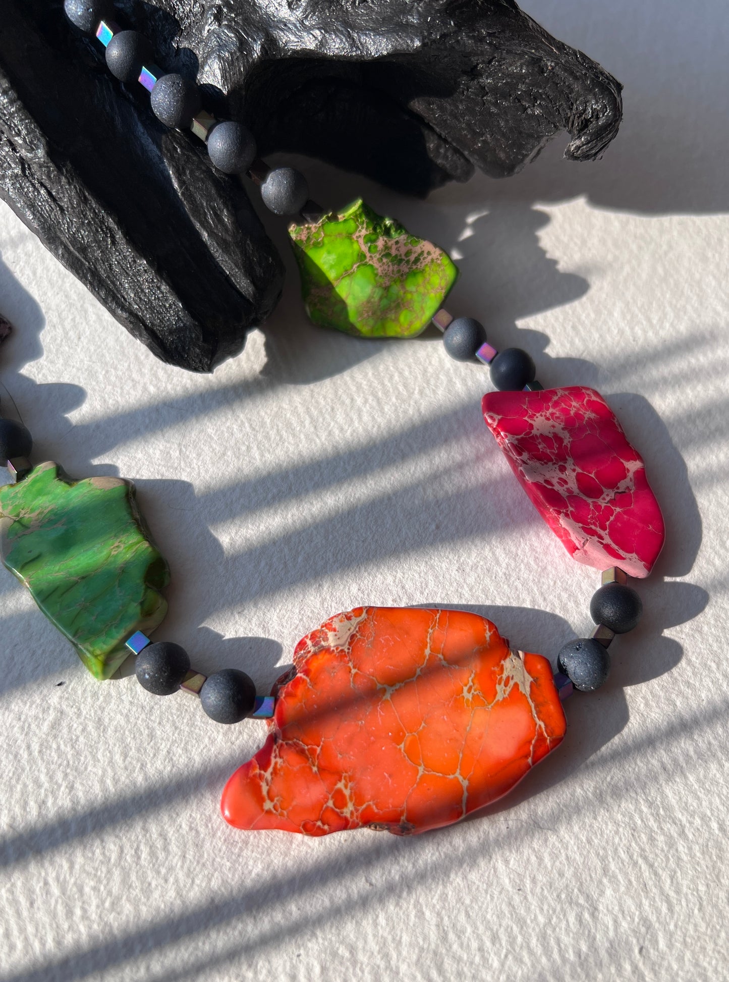 Qiani Necklace: A Limited Edition Gem. Sea sediment Jasper, Anodizes Pyrite.