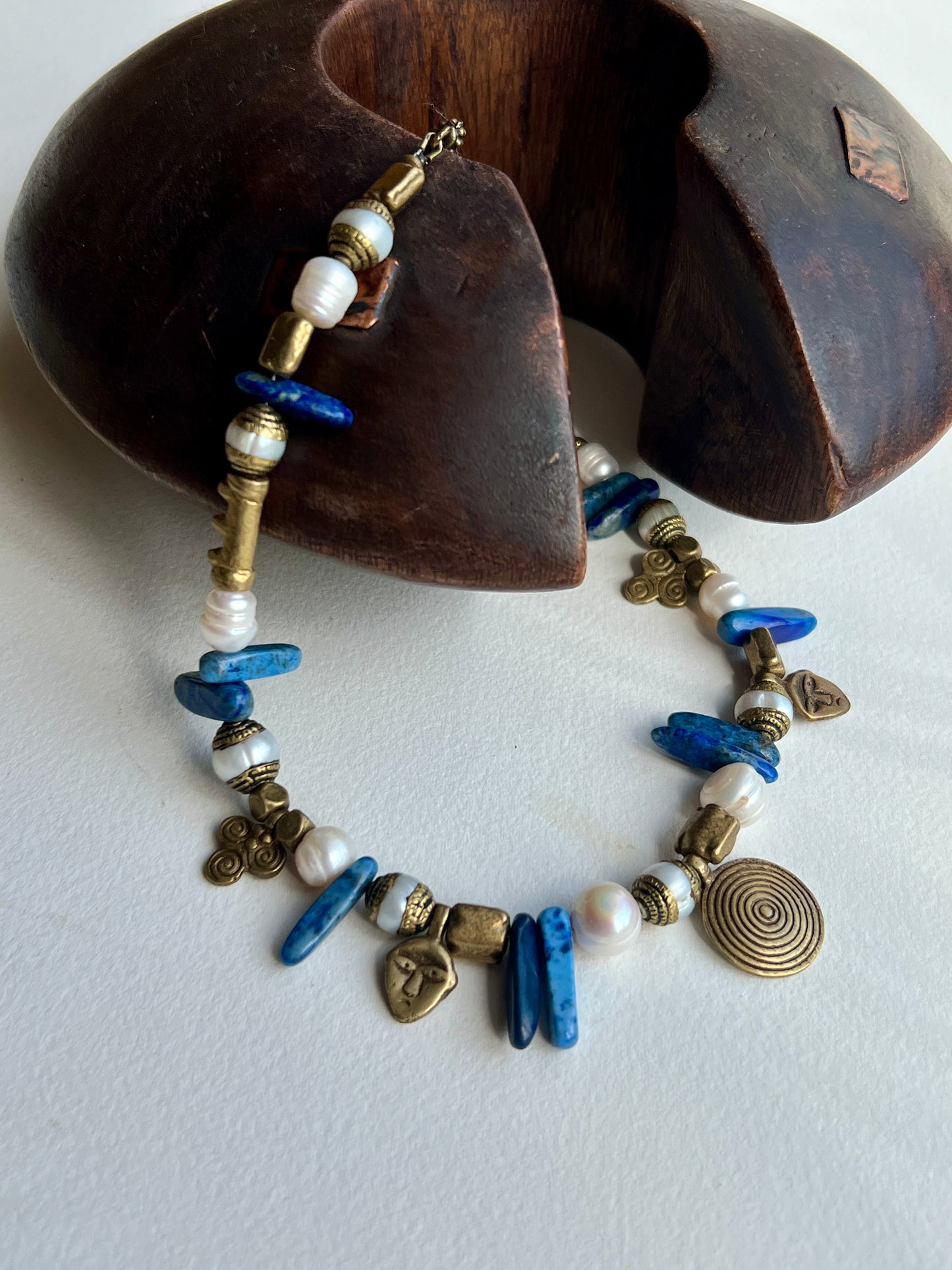 Olivie Necklace. African Brass, Keishi Pearls, Lapis Lazuli.