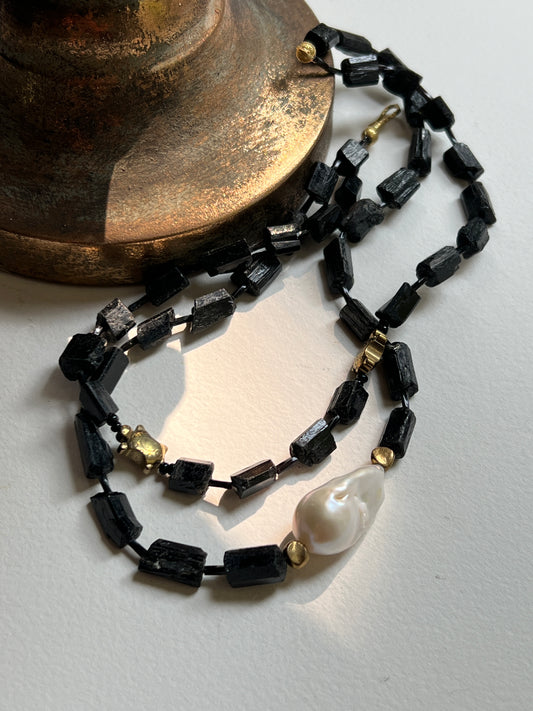 Maëlle Statement Short Necklace. Baroque Pearl, Tourmaline, Hematite