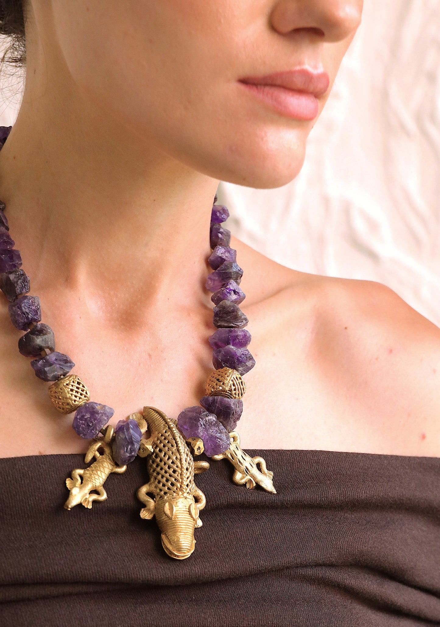 Jabari Statement Necklace. Raw Smoky Quartz or Amethyst, African Brass