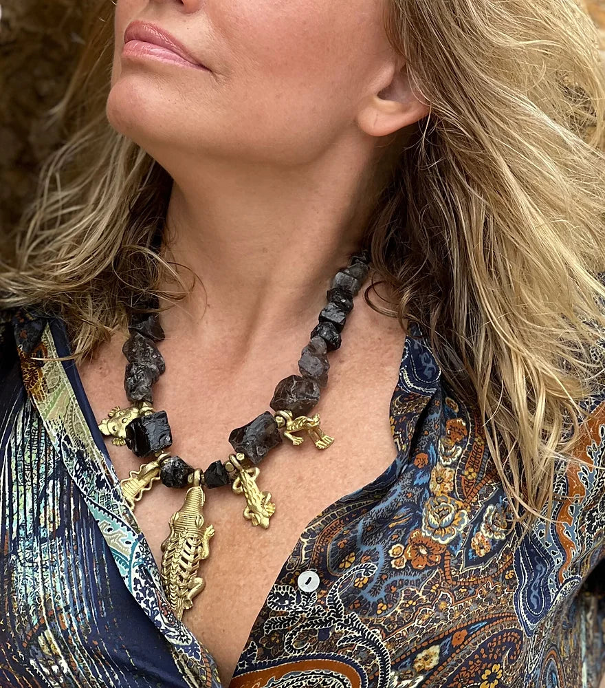 Jabari Statement Necklace. Raw Smoky Quartz or Amethyst, African Brass