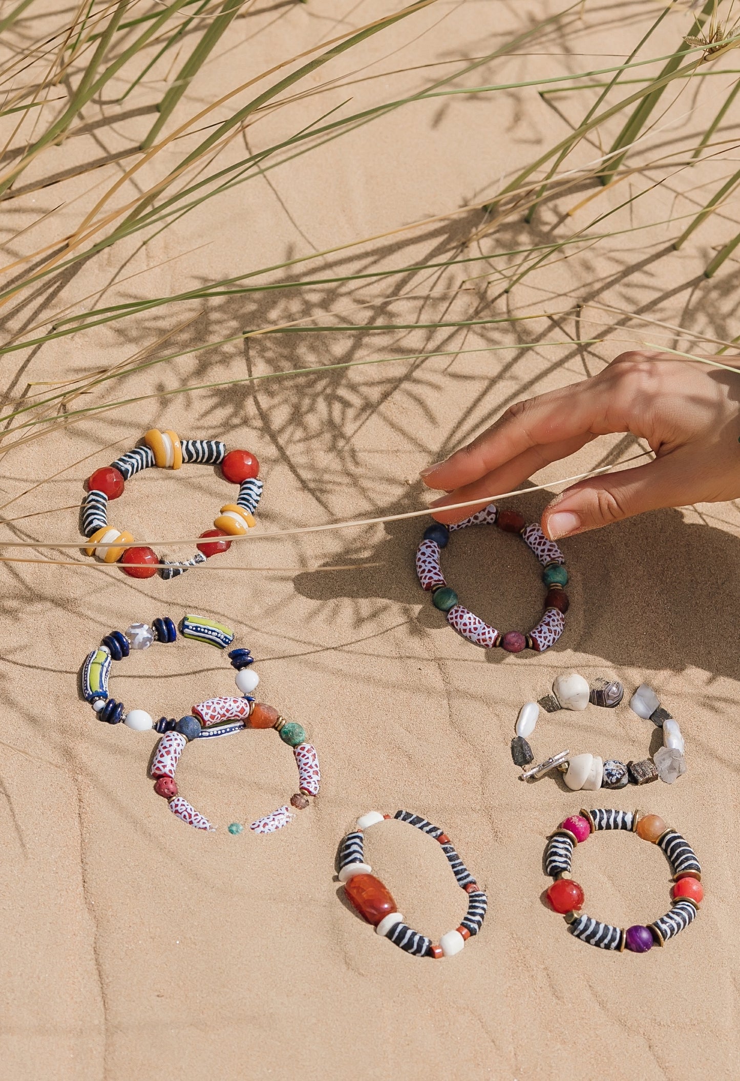 Moho Bracelet. Hand-painted recycled glass beads, Lapis Lazuli, White Agate