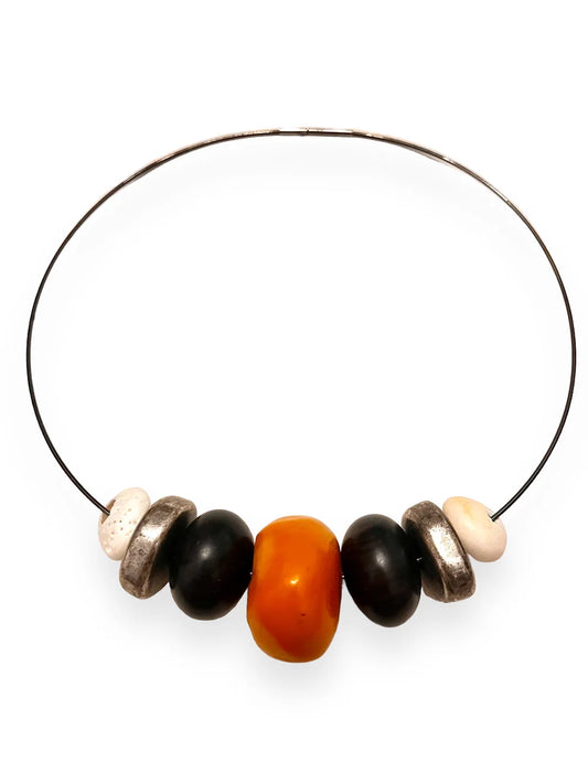 Nakya Choker. Ebony Wood, Moroccan "Amber", Vintage Sea Shells