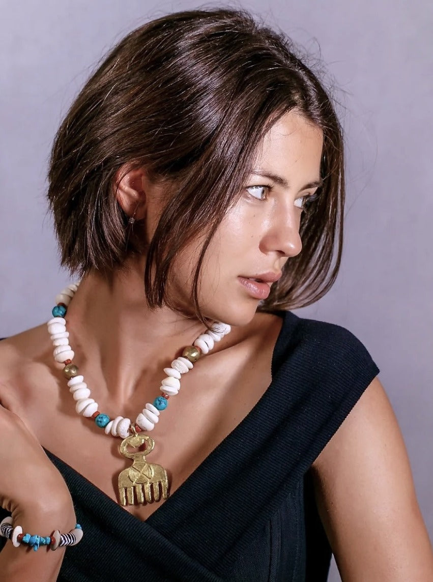 Nala Statement Necklace. African Brass, Sea Shells, Howlite.