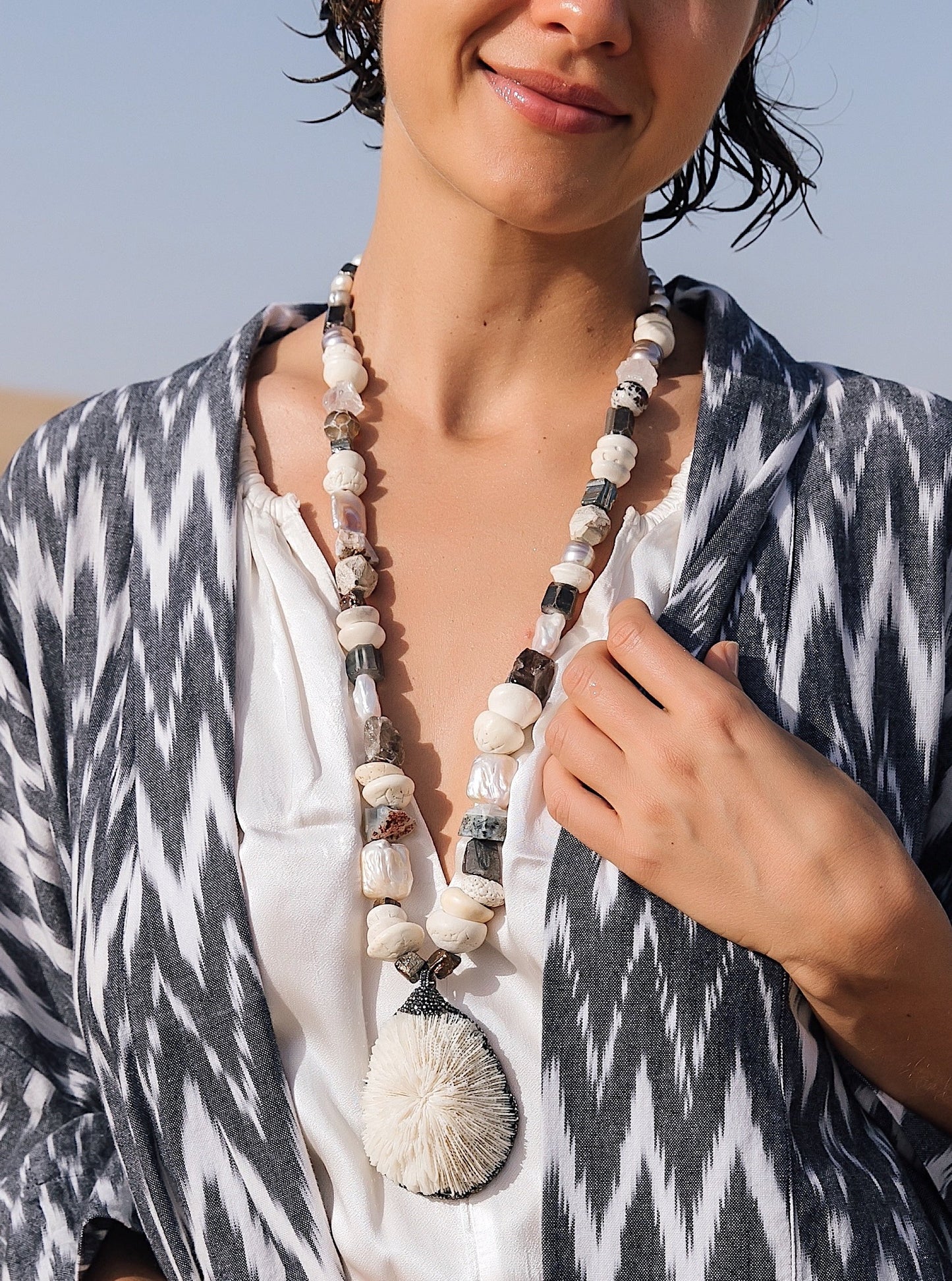 Nayo Multistone Long Necklace with Coral Pendant