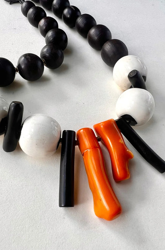 Nia Statement Necklace. Ebony Wood, Buffalo Bone, Dyed Coral