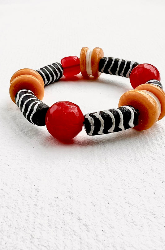 Obi Bracelet. Cornelian, Hand Painted Recycled Glass Beads