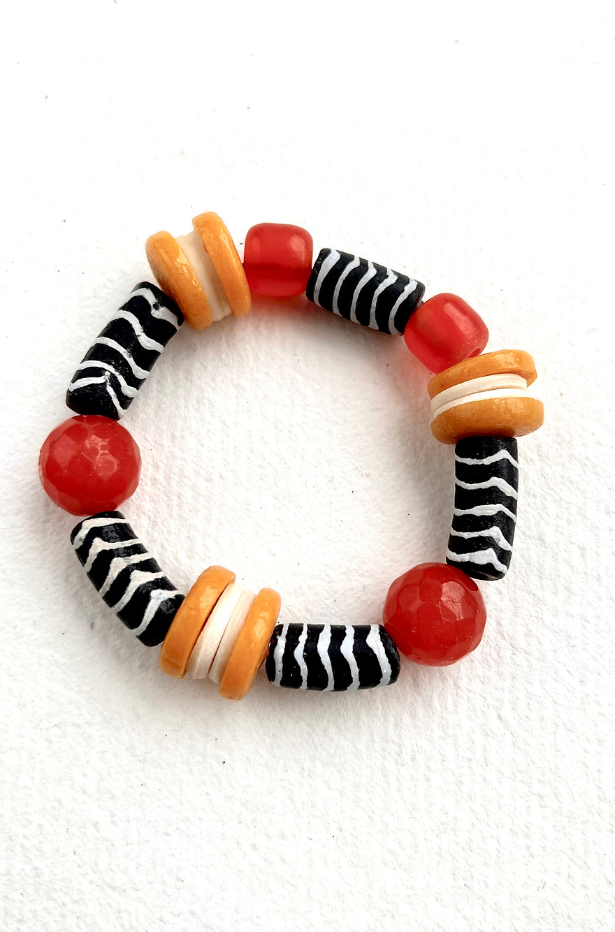 Obi Bracelet. Cornelian, Hand Painted Recycled Glass Beads